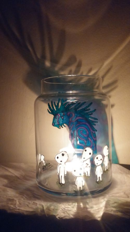 Fanart Studio Ghibli Hayao Miyazaki Princess Mononoke Nightwalker Kodama Tree Spirits Stained Glass Candle Holder w Lid